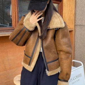 Women's Leather Jacket Retro Lapel Zipper Wool Brown Leather Female Motorcycle Vetement Femme Leather Jacket Ceket Bayan Vint