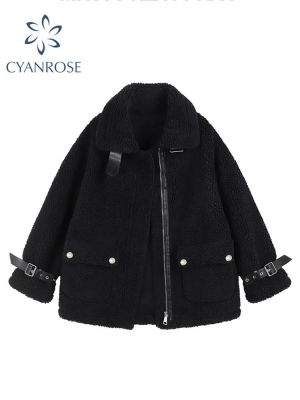 Women Fur Jacket Belt Zippers Loose Warm Winter Vintage Thickened Locomotive Turtleneck Female Fashion Black Faux Lamb Fur Coat