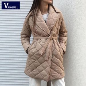 Vangull Casual Winter New Belt padded Jacket Women Long Plaid Parkas Warm Solid Female Coat Long Sleeve Loose Ladies Outwears
