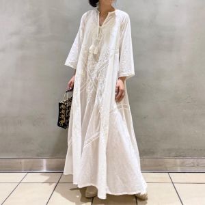 Maxi Dress Long Sleeves 2021 Summer Hook Floral Women Autumn Lace-Up Office Pullover Solid White Casual Boho Long Dresses Trips