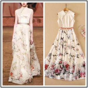 2021 Summer Cheongsam Chinese Style Fashion Temperament Printing Stand-up Collar Waist Sleeveless Large Hem Long Dress M-3XL