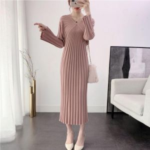 Women Knitted Sweater Maxi Dresses Autumn Winter A-line Casual Long Sleeve Vestido Office Fashion Korean V Neck Midi Robe