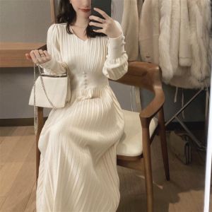 Knitted Dress Women Casual Long Sleeve Vintage Elegant One Piece Sweater Dress Female 2021 Autumn One Piece Dress Korean Dresses