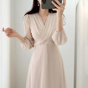 One Piece Dress Korean Chic French Gentle Thin V-neck Crimp Design Feeling Lace Up Waist Over Knee Long Sleeve Chiffon Dress