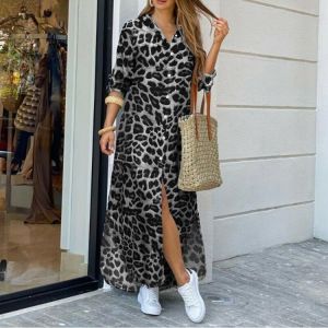 Summer Women's Dress 2021 Elegant Women Button Split Print Lapel Shirt Dress Long Sleeve Checked Plaid Robe Maxi Beach Dress