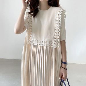 Korean Chic Dress Summer Dress French Neck Lace Loose Long Pleated Short Sleeve Dress for Women