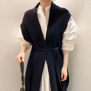 Korean Chic Simple Loose Bubble Sleeve Shirt Dress V-neck Bandage Waist Long Knitted Vest Girl