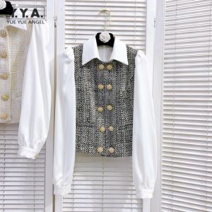 Women Double Breasted Tweed Jacket Casual Patchwork Turn-Down Collar Long Sleeve Chiffon Elegant Outerwear Office Ladies Tops