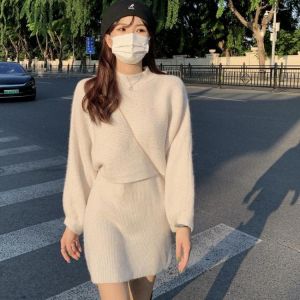 Casual Women Sweater Set O-Neck Jumpers & Knitted Sling Mini Dress Female 2021 Winter Knitted 2 Pieces Set