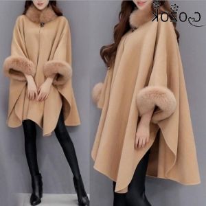 Woolen Coat Women Winter Clothes Fur Collar Mid-Length Coat Temperament Cape Shawl Wool Blends Office Lady Korean Women Clothing