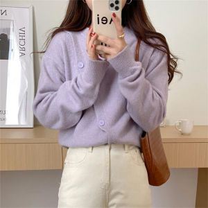 Alien Kitty Hot Sale Purple Off Shoulder Women Sweater Chic New Autumn 2021 Casual All Match Fashion Solid Knitted Pullover Tops