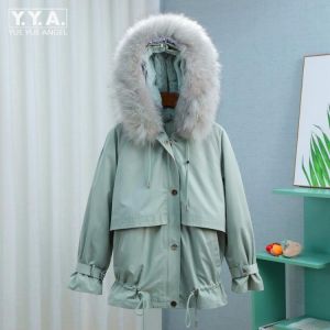 Women Fur Collar Detachable Parkas Winter Casual Rabbit Fur Hooded Beading Jacket High Street White Medium Long Jacket Female