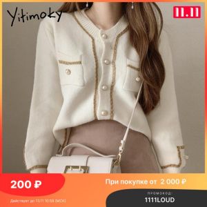 Yitimoky Cardigan  Women Sweater  Fall 2021 New Black White Korean Button Autumn Knitted Top O-Neck Long Sleeve Fashion Clothes