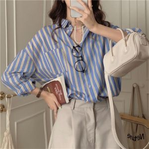 Alien Kitty Blue Striped Femme Chic Office Lady Shirts 2021 Autumn Hot All Match Full Sleeves Women Gentle OL Loose Blouses