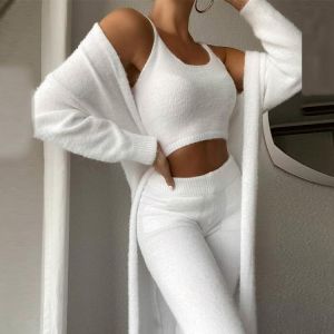 Autumn Winter Elegant Solid Knit Three Piece Set Women Sexy Off Shoulder Crop Tops And Long Pants Homesuit Casual Female Suit