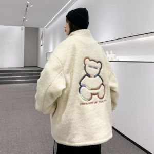 Korean Embroidery Lamb Wool Jacket Women Street Stand Outdoor Thermal Hiking Outerwear Winter Thick Polar Fleece Female Jacket