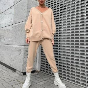 Knitted Sweater Sets With Trousers Women V Neck Cardigans Sweater Suit Female Casual Outfits Two Piece Set