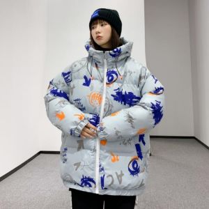 Female Fashion Print Puffer Jacket Hip Hop Parkas Warm Stand Collar Puffer Outwear Japan Style Women Winter Thick Padded Jacket