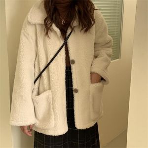HziriP Sweet Solid Faux Fur Sweater Women Faux Lambswool Jacket 2021 New Autumn Winter Loose Casual Office Lady Fashion Elegant