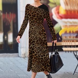 Retro Leopard Pattern Print Long Dress Fashion Asymmetric V-neck Party Dress Spring Autumn Office Casual Long Sleeve Women Dress