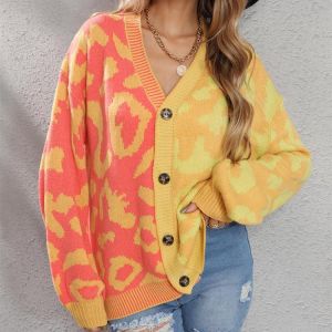 Women's Sweater Knitted Cardigan Autumn and Winter Yellow Leopard Print Sweater Women V Neck Loose Buttons Women's Warm 