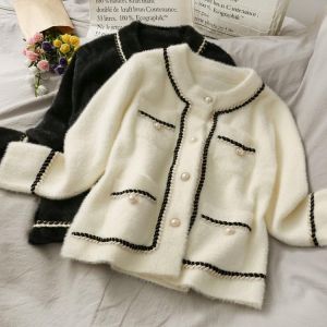 Office Lady Mink Fleece Pearl Buttons Short Women Elegant Embroidery Soft Fabric Streetwear Jacket Fashion Warm Loose Coat