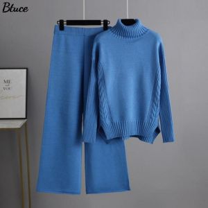2021 Women 2 Piece Knitted Pant Set For Autumn Winter Female Casual Cable Twist Sweaters Side Split Top Long Wide Leg Pants Suit