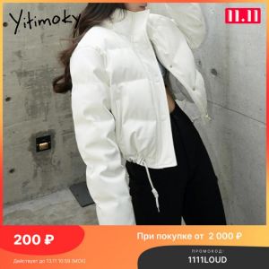 Yitimoky 2021 New Woman Jacket White Short Coat Stand Collar Cotton Winter Clothing Fashion Warm Female Padded Drawstring Parkas