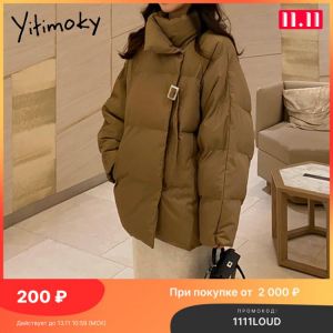 Yitimoky Women Jackets Winter Khaki Coat Single-breasted Stand Collar Outwear Button Pockets Female Clothing Warm Cotton Thick