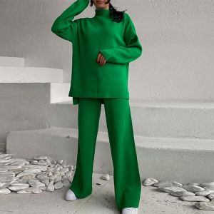 Women's Knitted Sweater Suit Two Piece Set Casual Slim High Waist Wide Leg Pants Sets Female Autumn Winter Outwear
