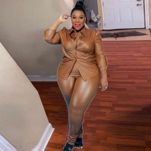 Plus Size Sets Women Clothing Two Piece Set Leather Ladies Suits Fall Long Sleeve Tops and Pants Outfits Wholesale Dropshipping