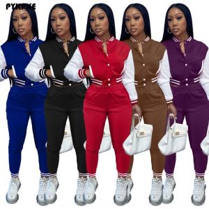2021 Fashionable Two Piece Set Women Tracksuit Autumn Long Sleeve Jacket and Long Pants Set Baseball Suit