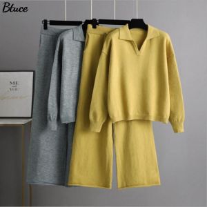 Elegant Female Fashion Polo Neck Knitted 2 Piece Sets 2021 Women Solid Casual Knitted Sweaters Suit With Pockets Long Pant Set