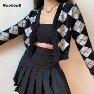 Karrcat Preppy Style Cardigan Women Long Sleeve Knitted Cardigan Argyle Cashmere Cardigan Streetwear Black Sweater Winter 2021