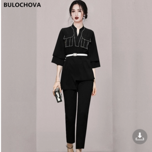 2021 Autumn Fashion Women's Pants Suits With Belt V Neck Nail Drill Loose Tops + High Waist Straight Full Length 2 Piece Set