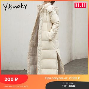 Yitimoky Winter Woman Long Jacket Black Hoodie Cotton Coats Lengthen Parkas Thick Slit Warm Windproof Padded Fashion New Outwear