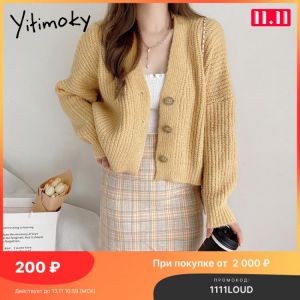 Yitimoky Women Cropped Sweater Coarse Yarn Cardigan V-Neck Knitted Solid Clothes 2021 Autumn Winter Fashion Single Breasted Top