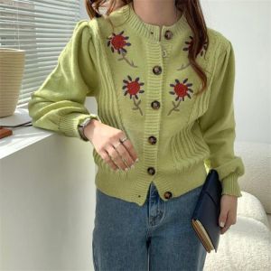 Alien Kitty Hot Embroidery Flowers Knitwear Coats Women Cardigans 2021 Warm OL Floral Stylish New Loose Autumn Lady Sweaters