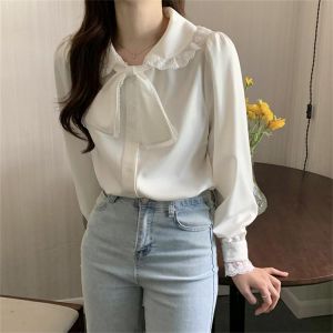 HziriP 2021 White Bow Lace Chiffon Shirts Plus Size All Match Puff Sleeves Autumn Sweet Work Wear OL Bottom Stylish Femme Tops
