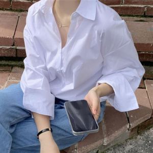HziriP Full Sleeves Solid Shirts Loose New Streetwear Autumn Hot All Match Femme Minimalist Women Tops Blouses Lapel Fashion OL