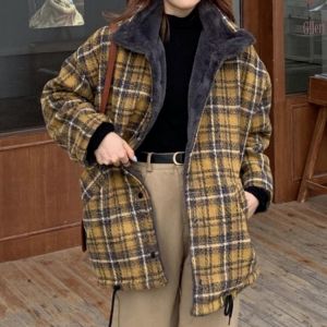 Women Autumn Winter Long Sleeve Plaid Casual Coat Single Breasted Warm Thickening Loose Jacket Fashion Femme Streetwear Overcoat