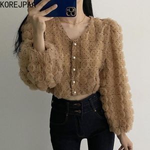 Korejpaa Sweet 3D Floral Women Blouses Korean Chic Female Puff Sleeve V-neck Dot Shirt 2021 Autumn New Short Blusas Elegant