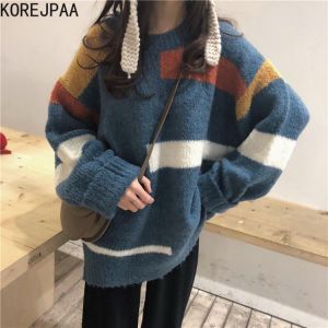 Korejpaa Women Knitted Sweater 2021 Autumn Winter New Korean Retro Elegant O-neck Casual Long Sleeve Pull Femme Knitwear Loose