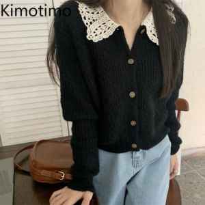 Kimotimo Autumn Cardigan Women 2021 New Lace Turn-down Collar Black Sweater Korean Chic Temperament Long Sleeve Knit Cardigans
