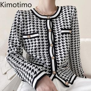 Kimotimo Plaid Cardigan Women Korean Chic O-neck Single Breasted Design Sweater Autumn New Temperament High-end Knit Cardigans