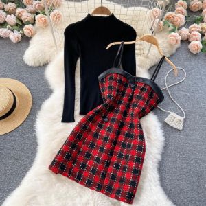 Fashion Women 2 Piece Set Black Stand Collar Long Sleeve Knitted Sweater Top and Spaghetti Strap Plaid A-line Mini Dress Suits