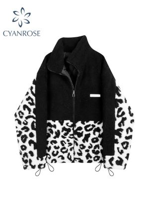 Women Leopard Lamb Wool Down Cotton Padded Jacket Zipper Patchwork Ladies Korean Fashion Loose Warm Casual Outerwear 2021 Winter