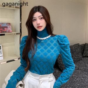Gaganight Women Lace Pearl Necklace Turtleneck Puff Sleeve Slim Pullover 2021 Autumn Winter New Chic Long Sleeve Bottoming Shirt