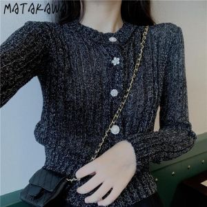 Matakawa Knitted Cardigan Autumn Korean Round Neck Long Sleeve Single Breasted Women's Sweaters Solid Slim High Street Sueter
