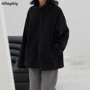 Black Jackets Women Stand Collar Plush Velvet Winter Soft Warm Coats Simple Korean Style Zipper Outerwear Loose Cozy New Popular
